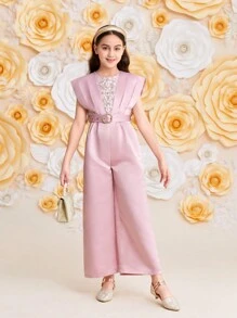 SHEIN Leap Crew DRMZ Tween Girl Tween Girl Casual Lace Splice Jumpsuit With Belted Waist And Wide Leg - Pink - View 3