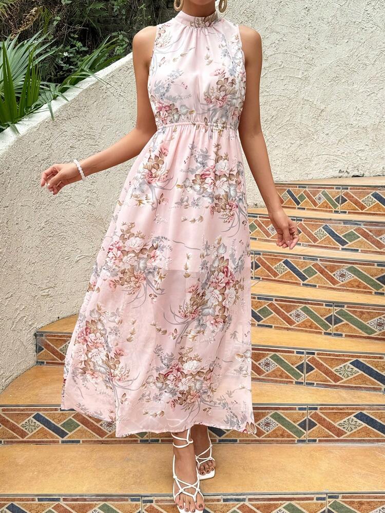 Women's Flower Print Stand Collar Side Slit Dress