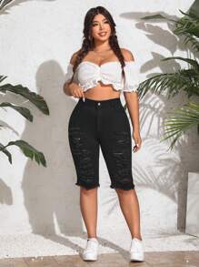 SHEIN Clasi Plus Storlek Kvinnors Slitna Fransar Denimshorts - Svart - Visa 5
