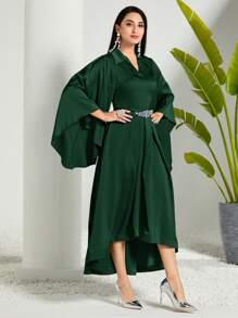 Modelyn Của phụ nữ Váy chữ A Với Viền không đối xứng , Tay áo chuông Và Pha lê Đồ trang trí - Màu xanh lá cây đậm - Xem 3