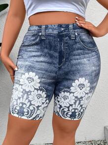 EMERY ROSE 大码女式牛仔效果数码花卉印花短款紧身裤，夏季 - 彩色 - 查看 4