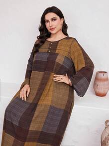 Al Najma Plus Size Plaid Print Flare Sleeve Dress - Multicolor - View 1