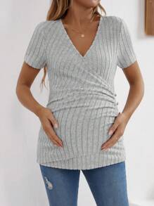 SHEIN Maternity V-Neck Ribbed Pleated Short Sleeve T-Shirt - Grey - View 4
