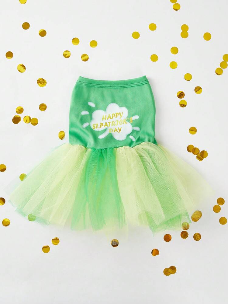Green Mesh Contrast Pet Dress Clover Printed Sleeveless St. Patrick's Day Cat/Dog Dress
