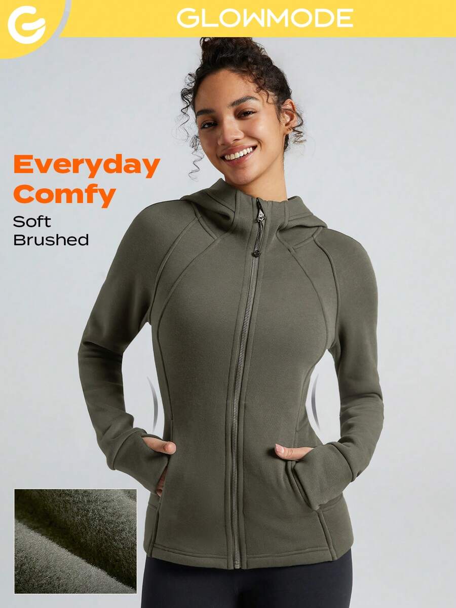 GLOWMODE at Của bạn COTTON-BLEND Lông cừu Co giãn Khóa kéo-lên Áo khoác Thoải mái Ấm áp - Màu xanh Ô liu - Xem 1