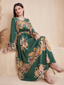 Seusyu Women's Bell Sleeve A-Line Dress With Cashew Flower Print - Multicolor - View 6