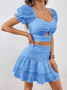 SHEIN VCAY Bộ đồ hai mảnh áo tay bồng khoét cổ tim hở vai cho nữ kèm chân váy viền bèo nhún - Màu xanh lam - Xem 4