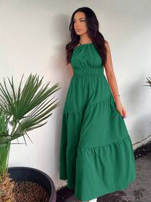 SHEIN VCAY Vestido Sin Mangas Con Cuello Halter Para Mujer, Color Sólido Con Dobladillo Con Volantes - Verde - Ver 3