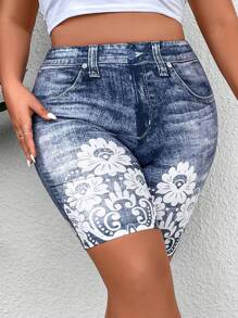 EMERY ROSE 大码女式牛仔效果数码花卉印花短款紧身裤，夏季 - 彩色 - 查看 7
