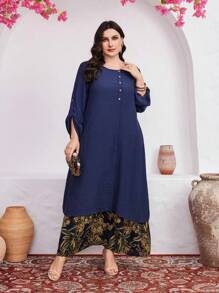 Al Najma Plus Size Floral Print Splicing Short-Sleeve 2 In 1 Dress With Rolled Up Cuffs - Multicolor - View 6