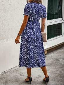 SHEIN LUNE Ditsy Floral Print Puff Sleeve Dress - Navy Blue - View 2