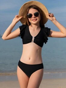 Solid Color Bikini Set For Tween Girl Summer Beach - Black - View 1