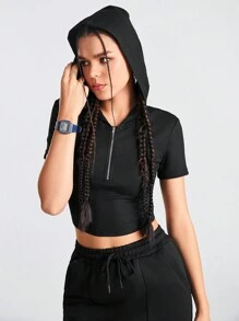 Streetz SHEIN Sport Conjunto deportivo de medio cierre de cremallera y top con cordón ajustable en la cintura con falda - Negro - Ver 4