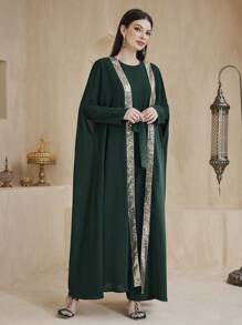 Al Najma Women's Shiny Sequin & Woven Belt Patchwork Jacket And Solid Jumpsuit Set