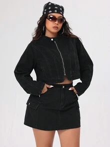 SHEIN ICON Kích thước lớn Của phụ nữ Ngắn Đúng mốt Xe máy Áo khoác Áo khoác denim - màu đen - Xem 5
