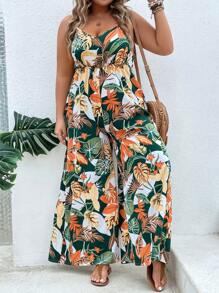 SHEIN Unity Plus Tropical Print Cami Wide Leg Jumpsuit For Summer - Multicolor - View 3