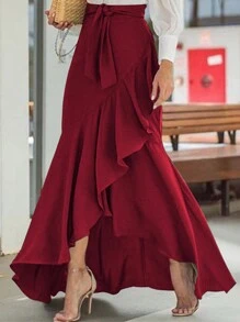 Women's Solid Color Belted Bodycon Asymmetric Ruffle Hem Elegant Skirt, Casual & Sexy For Dates, Halloween Spring - Burgundy - View 4