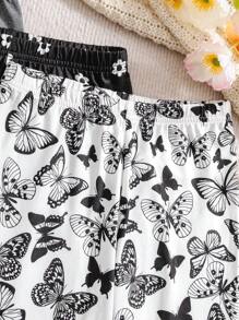 SHEIN زي فتاة مراهقة مكون من 4 قطع مجموعة من السراويل المتماسكة بلون سادة مع تصاميم الفراشة والزهور العارضة - متعدد الألوان - مشاهدة 4