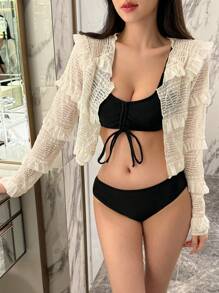 DAZY Women's Patchwork Ruffle Edge Hollow Out Kimono Cover Up - White - View 4