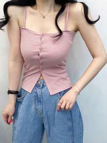 DAZY Của phụ nữ Màu thuần Thon gọn Mặt trước Nút Áo ba lỗ Áo - Hồng - Xem 7