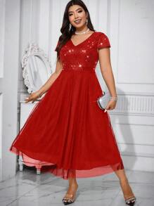 Cravure Plus Size Women's Glitter Sequin Patchwork Cape Sleeve Dress For New Year Clothes Maxi Women Outfit Wedding - Red - View 8