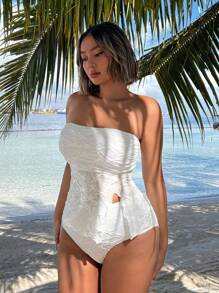 Swim Mod Summer Beach Women's Bandeau Bikini Set With Split Skirted Bottom - White - View 3