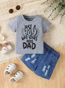 Conjunto De Verano Con Camiseta Impresa Con Lema Simple Y Lindo Y Pantalones Cortos De Mezclilla Rasgados Para Bebé Niño - Gris - Ver 4