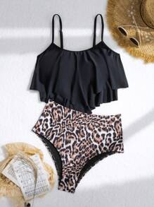 Swim Lushoire 2 pezzi Costume da bagno tankini per donne, con top a volant e parte inferiore con stampa leopardata in vita alta, set di bikini con spalline sottili
