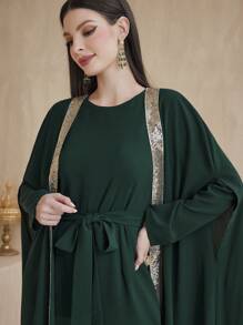 Al Najma Women's Shiny Sequin & Woven Belt Patchwork Jacket And Solid Jumpsuit Set