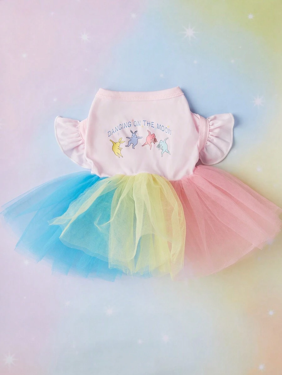 PETSIN Vestido De Mascota De Pascua Con Patrón De Conejo Impreso De Gato Y Perro Con Inserción De Tul De Colores - Multicolor - Ver 1