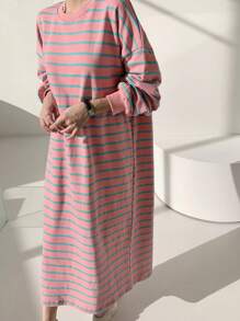 DAZY 女式条纹落肩宽松连衣裙、休闲女装、返校服、秋季连衣裙、长袖连衣裙 - 粉色 - 查看 2