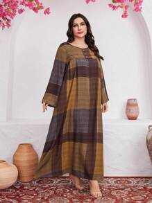 Al Najma Plus Size Plaid Print Flare Sleeve Dress - Multicolor - View 4