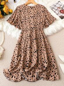 SHEIN Clasi Kích thước lớn Chó đốm In Váy quấn Với Buộc Và Viền Ruffle - Màu Khaki - Xem 2
