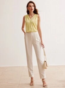 MOTF PREMIUM SILK V-NECK FOLD PLEATED SHOULDER SLEEVELESS BLOUSE