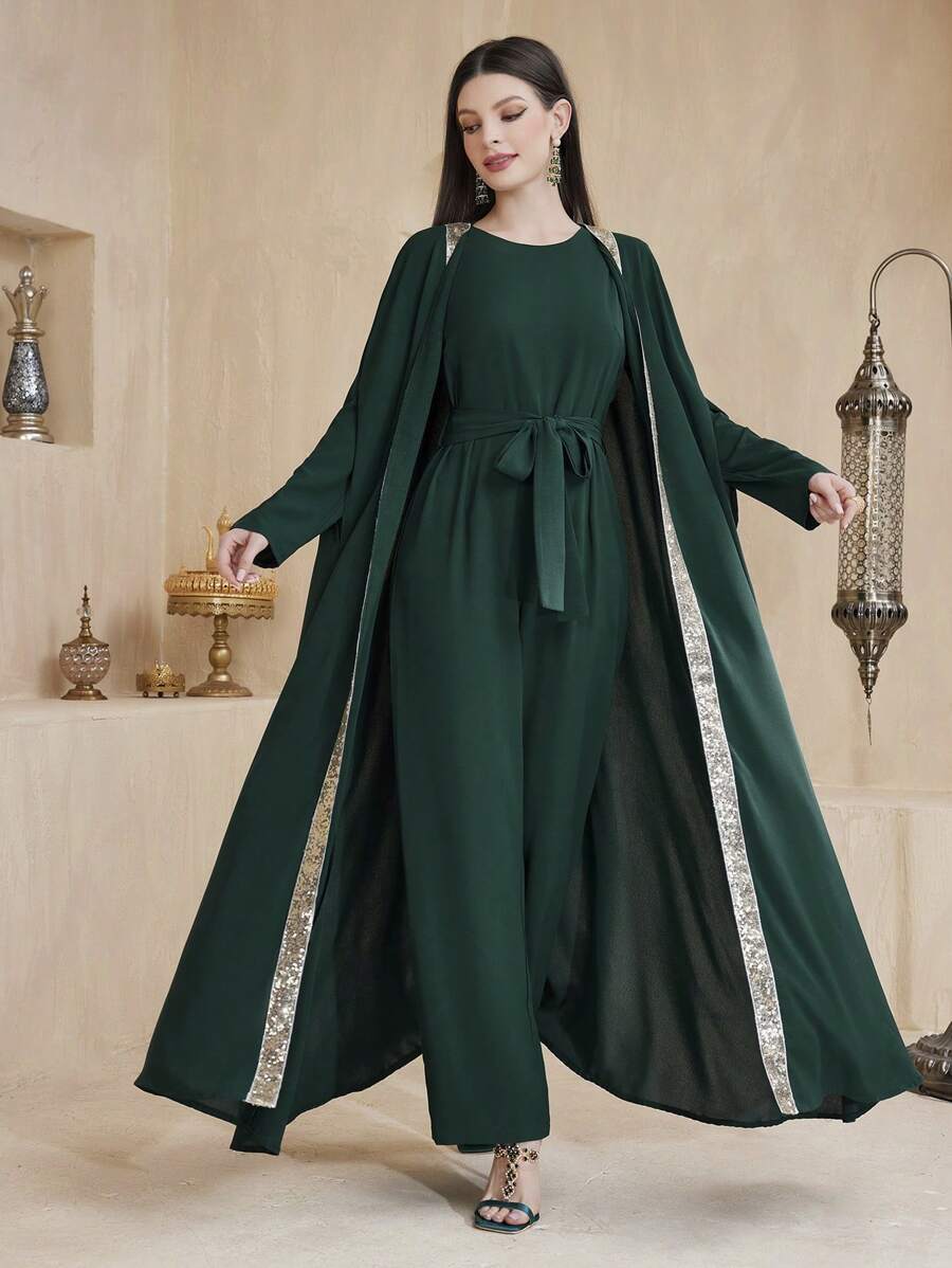 Al Najma Women's Shiny Sequin & Woven Belt Patchwork Jacket And Solid Jumpsuit Set