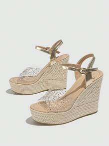 Women's Fashionable Wedge Heel & Thick Sole Rhinestone Detail Espadrilles Sandals For Summer