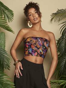 Travachic Vacation Paisley Tropical Print Slim Fit Strapless Cropped Top - Black - View 5