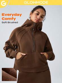 GLOWMODE COTTON-BLEND Lông cừu Thuộc thân thể Nửa Zip Túi kangaroo Hoodie Thoải mái Ấm áp - Cocoa - Xem 1