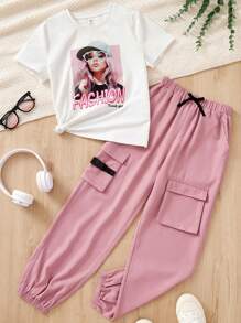 SHEIN Cô gái Tween Đan In thư Lỏng lẻo phù hợp Áo thun Và Màu thuần Eo đàn hồi Chạy bộ Hai chiếc Bộ - Hồng - Xem 1