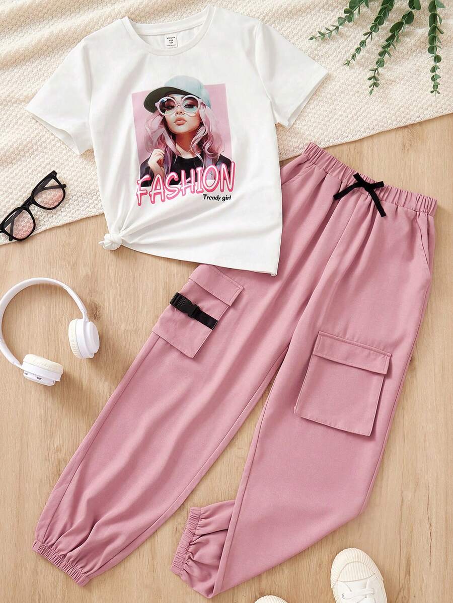 SHEIN Cô gái Tween Đan In thư Lỏng lẻo phù hợp Áo thun Và Màu thuần Eo đàn hồi Chạy bộ Hai chiếc Bộ - Hồng - Xem 1