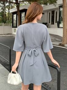 DAZY Women's Solid Color V-Neck Bell Sleeve Dress Sundress,Casual Women Dresses - Blue - View 5