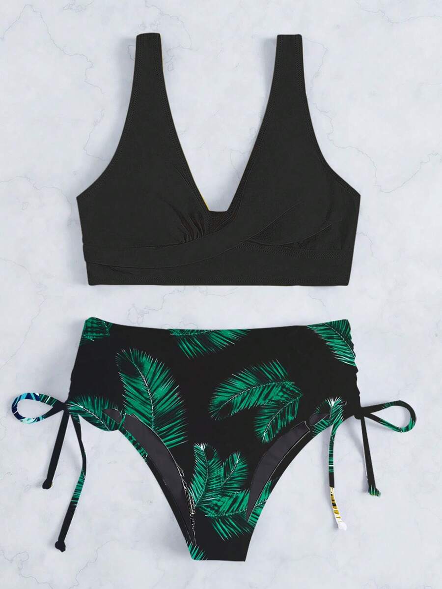 SHEIN Swim Bañador bikini con estampado tropical con cordón lateral - Negro - Ver 1