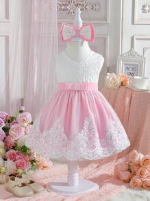 SHEIN Glamorique Kids Baby Girl's Elegant Mesh Dress With Bow Decor And Contrasting Jacquard - White - View 1