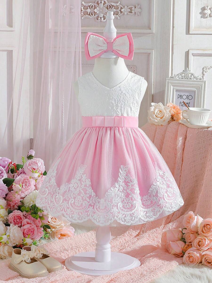 SHEIN Glamorique Kids Baby Girl's Elegant Mesh Dress With Bow Decor And Contrasting Jacquard - White - View 1