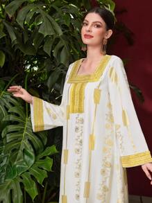 Al Najma 女士阿拉伯風格裙子,金箔植物印花對比色緞帶拼接 - 白色 - 查看 7