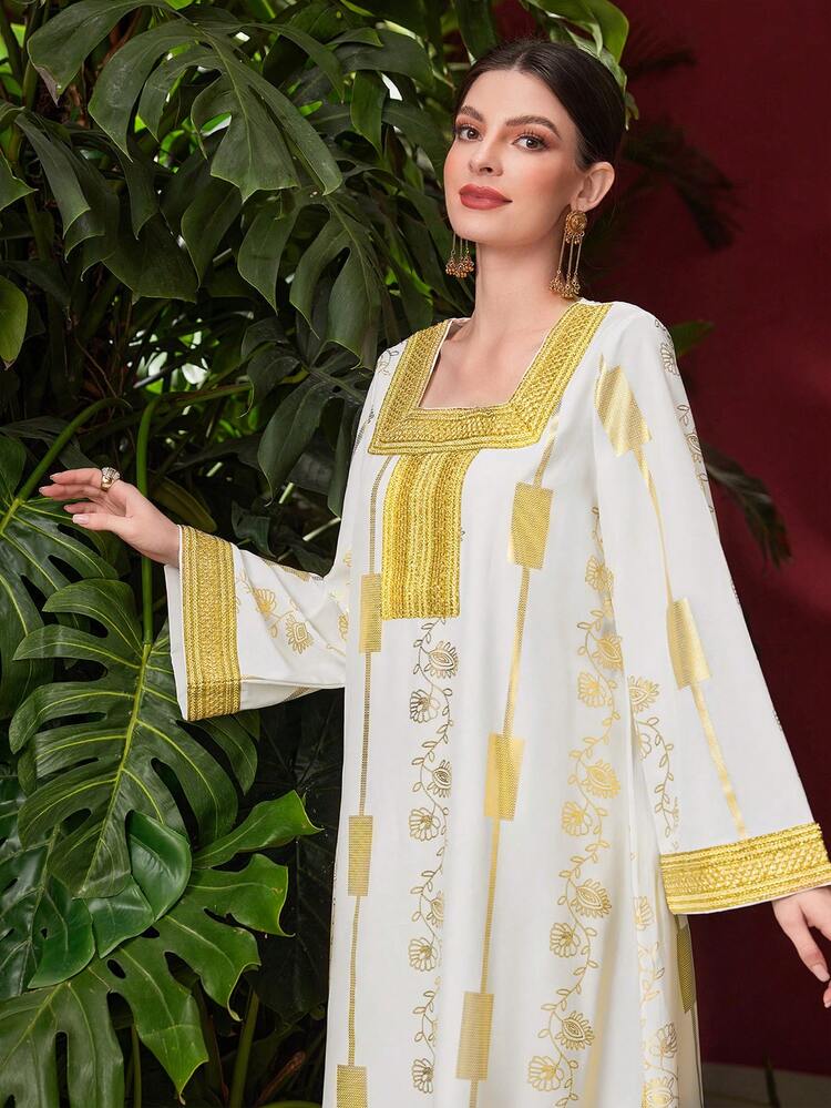 Women's Arabic Style Jalabiya Dress With Gold Foil Botanical Printed Contrast Ribbon Patchwork
