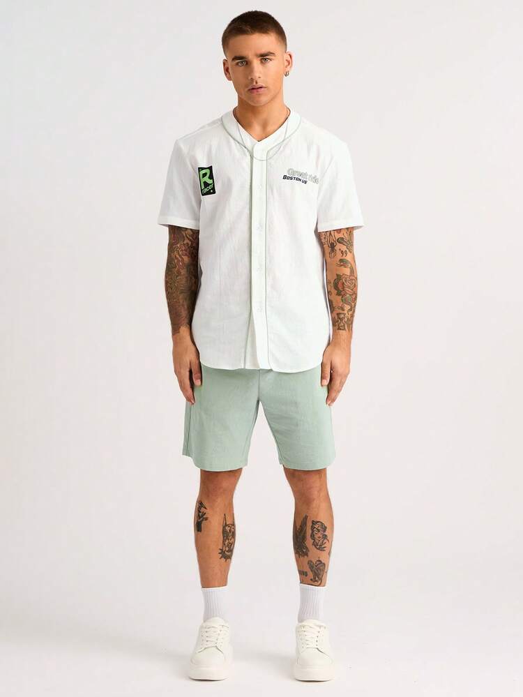 Men's Bodycon Sporty Casual Letter Print Baseball Shirt And Solid Color Shorts Two Pieces Outfit