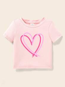 SHEIN Leap Crew 嬰兒女孩休閒簡單心形圖案短袖圓領上衣,適合夏季穿著 - 彩色 - 查看 5