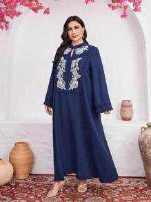 Al Najma Plus Size Embroidered Flare Sleeve Dress Kaftan Jalabiya Dress - Blue - View 7