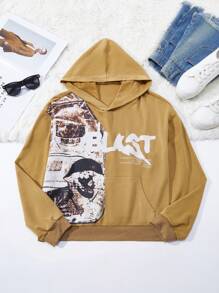 SHEIN Unity Character Patchwork & Slogan Print Hooded Sweatshirt Pullover Fall Sweatshirt - Khaki - View 1